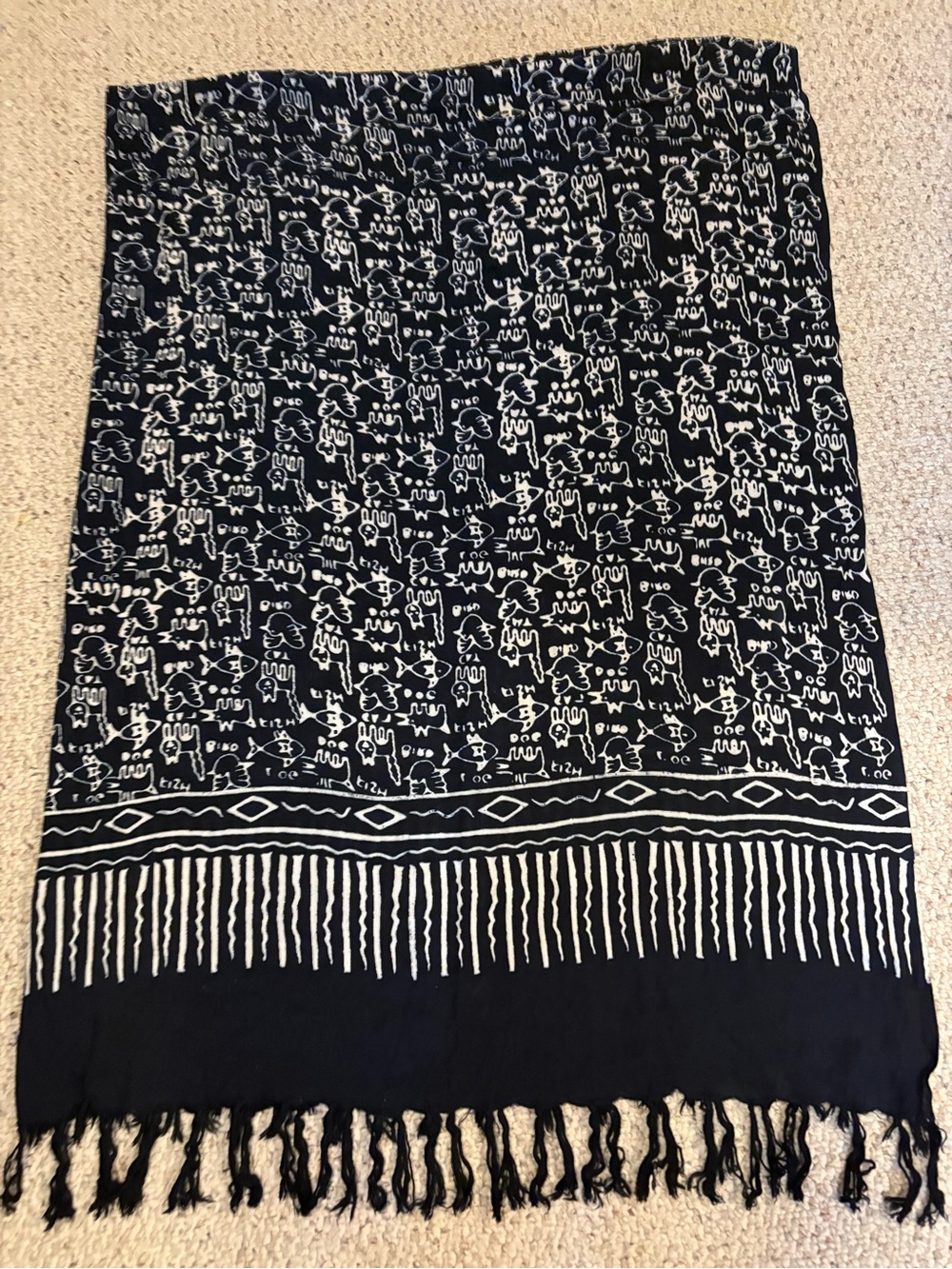 Quirky White Line Drawing on a Black Scarf w/Black Fringe